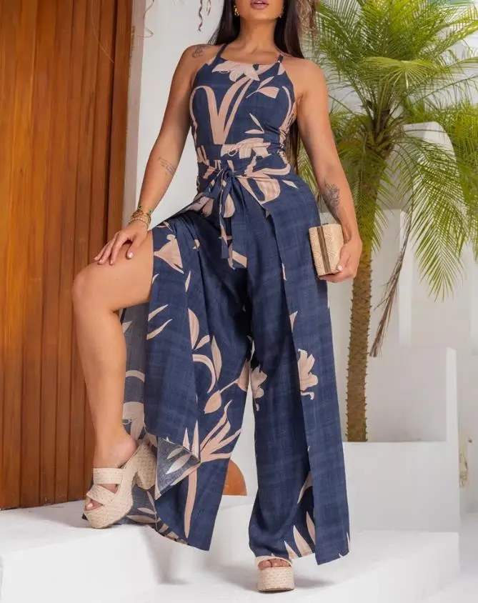 

Plant printed camisole, casual waist strap, detail high slit jumpsuit