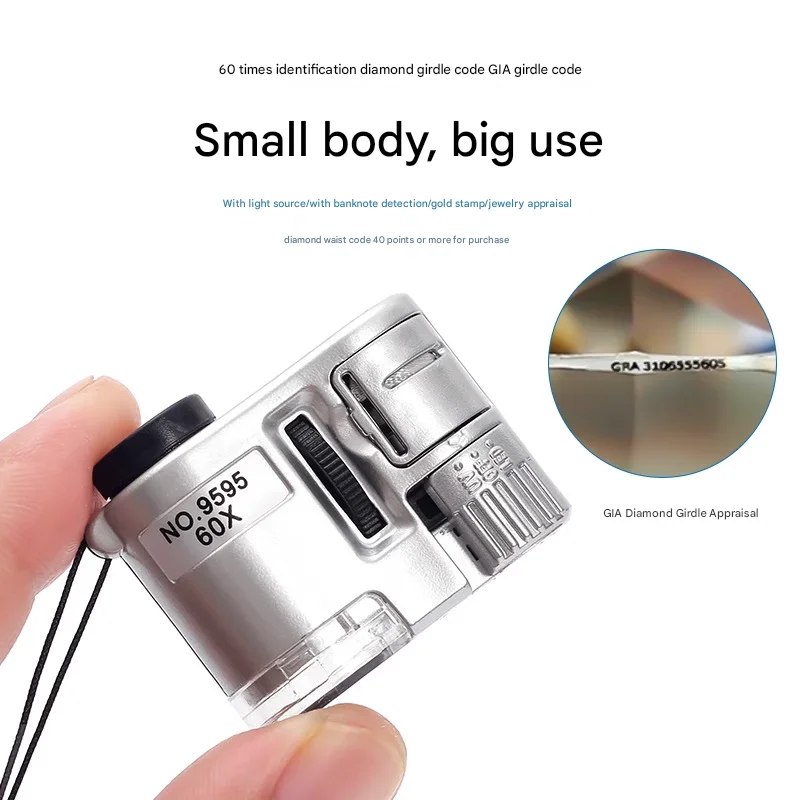 Lupa powiększająca 60x do oceny i fotografowania antyków, biżuterii i jadeitu; mini i przenośna z regulowanym oświetleniem