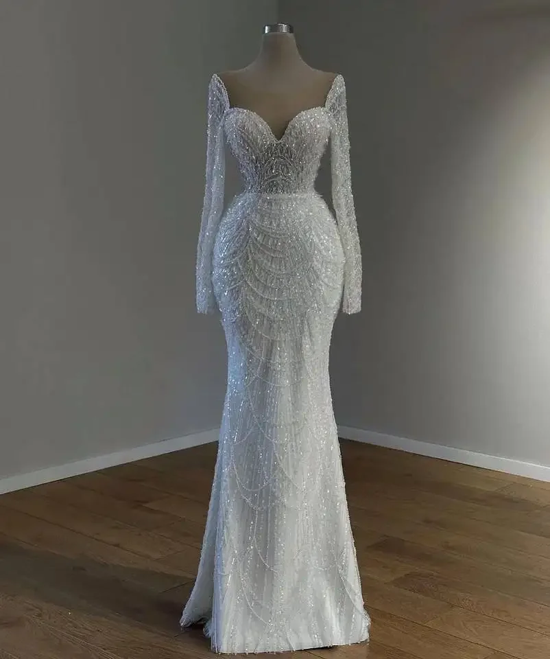 En Zhu, vestidos de novia de sirena blancos personalizados con tren desmontable, mangas largas, vestidos de novia con perlas, Vestido de novia