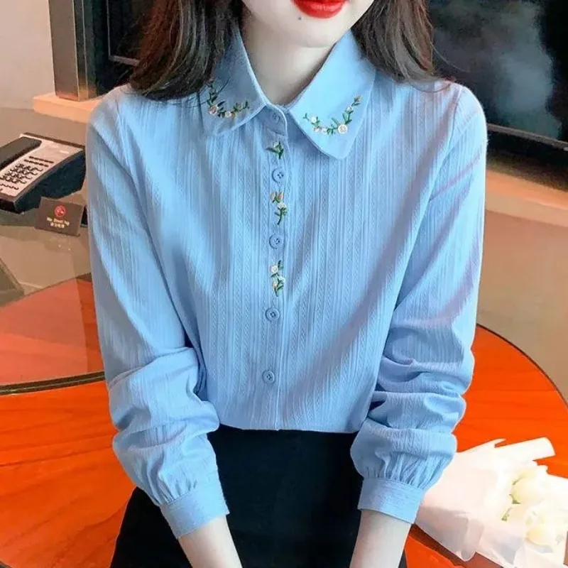 

Women's Embroidered 100% Cotton Shirt Long Sleeve Turn Down Collar Button Down Korean Style Elegant Versatile Blouse For Spring