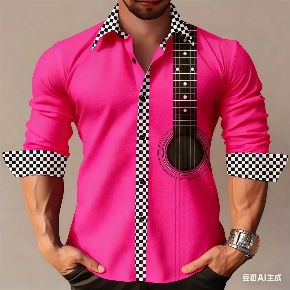 

Men's Spring Autumn Long Sleeve Music Print Shirt Casual High Quality Collar Button up for Party Wedding Streetwear