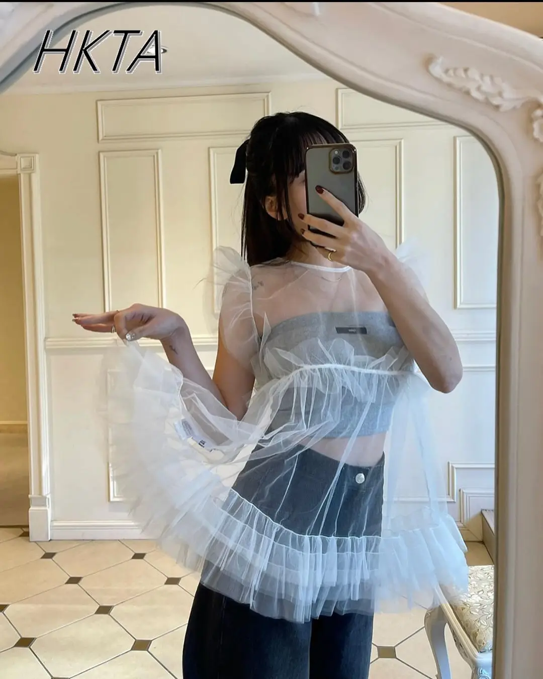 Estilo japonés transparente volantes ribete encaje hasta sin mangas malla exterior camisa blusa niñas mujeres Primavera Verano blusas finas Top