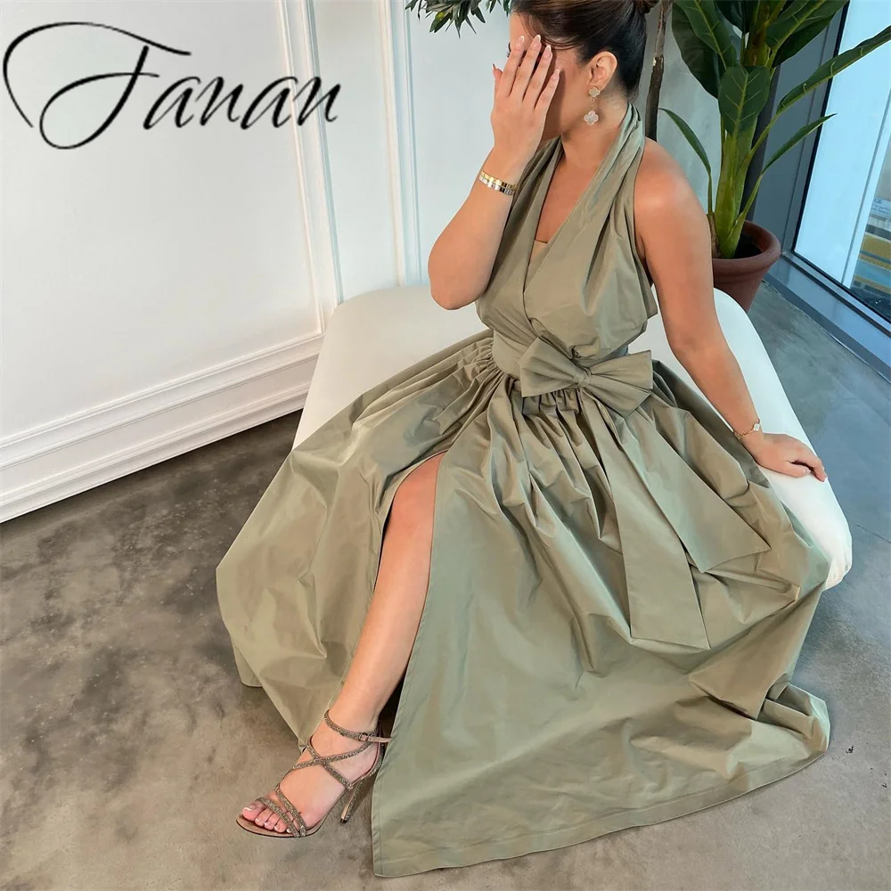 CustomizedHalter A-line Prom Gown for Women Solid Color Bow Ankle-Length High Slit Sleeveless Modern Daily Dresses فساتين للحفلا