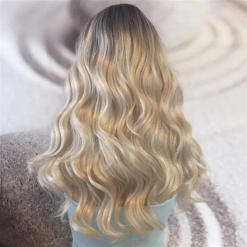 Ombre Hellblonde, hitzebeständige synthetische Lace-Front-Perücke mit Pony, natürlich aussehende dunkle Wurzeln, natürlich aussehende Perücke für Frauen, 40,6 cm