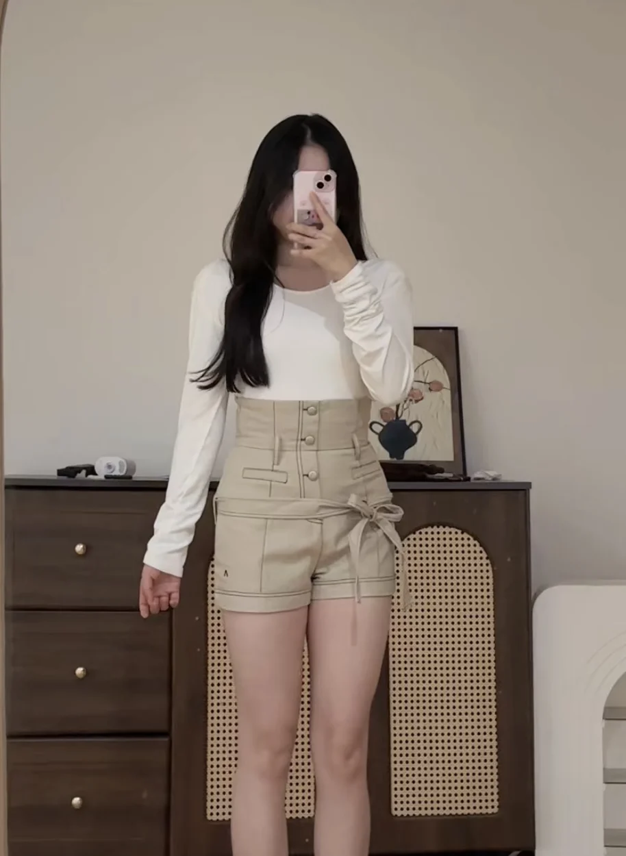 

High Waist Embroidered Denim orts Knot Tie Belt Slimming Design Japanese Sle Sweet ort Pants Women's Faion