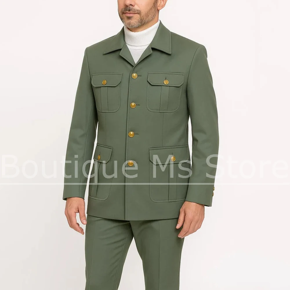 Men's Olive Green Suit Set with Gold Buttons and Multiple Pockets Single Breasted Stylish Attire for Smart Casual Party Wedding