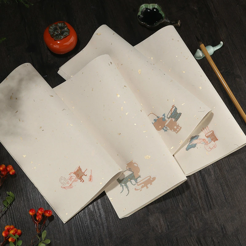 Handmade Batik Antique Sprinkled Gold Half-Ripe Rice Paper Letterhead Chinese Style Calligraphy Brush Pen Xuan Paper Papel Arroz