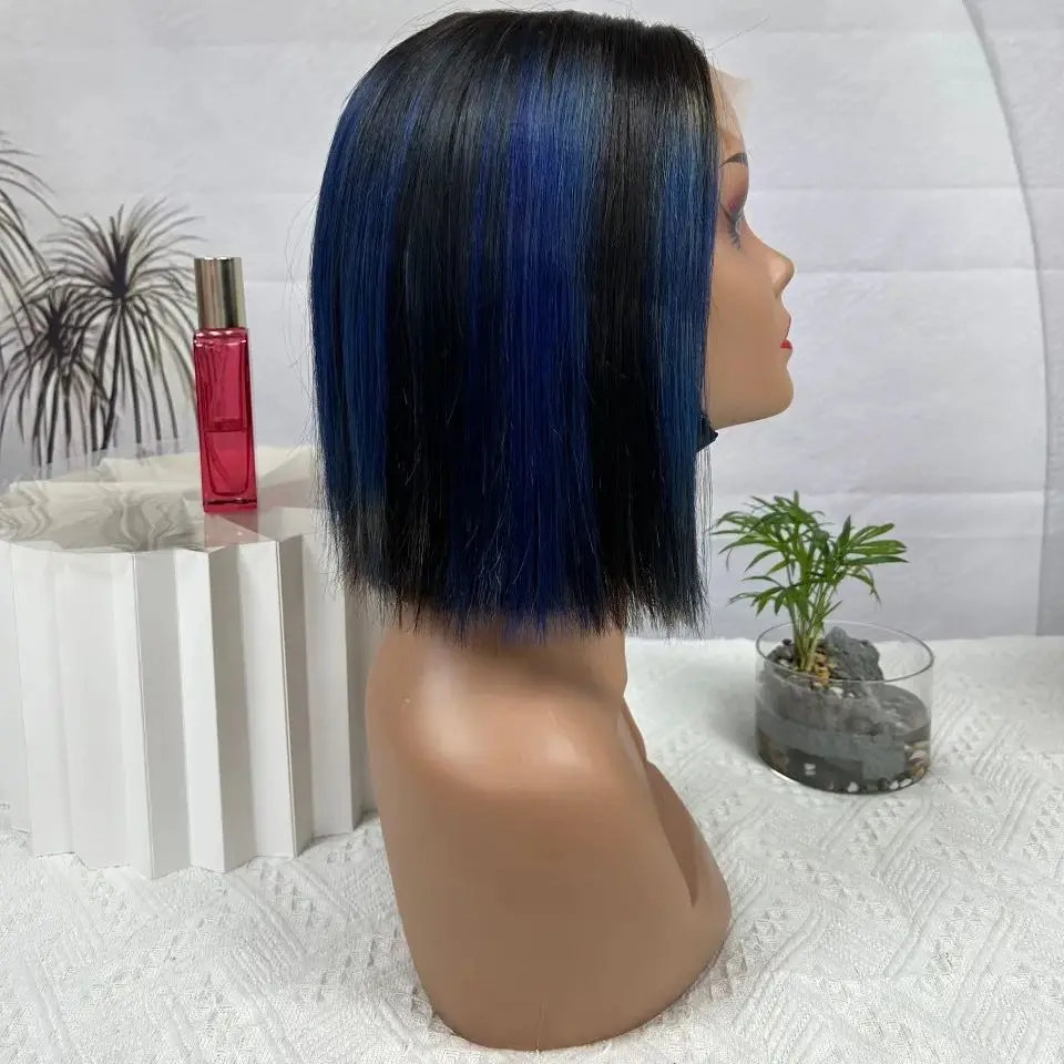 10inch 200% Density Colored 1B38 Piano 4×4 Lace Frontal Bob Swiss Lace Wig Straight Short Bob Human Hair Lace Front Wigs On Sale