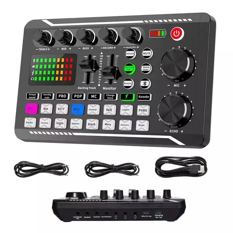 F998 Live Sound Card Audio Tuner Treble and Bass Mixer Voice Changer Bluetooth Audio Amplifier for Live TikTok Streaming Music