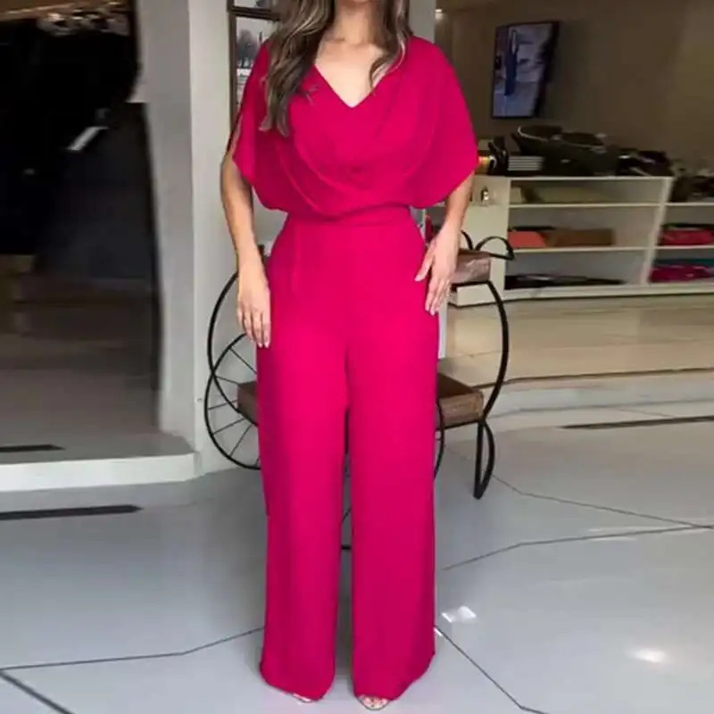 الصيف الشارع فضفاض واسعة الساق Playsuit سيدة الخامس الرقبة قصيرة الأكمام عالية الخصر بذلة مكتب أنيقة الصلبة جيب مستقيم رومبير