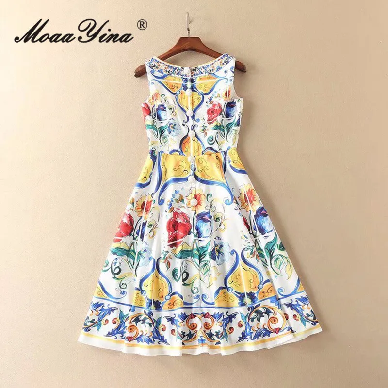MoaaYina 2025 봄/여름 여성 민소매 화려한 꽃 프린트 버튼 장식 드레스