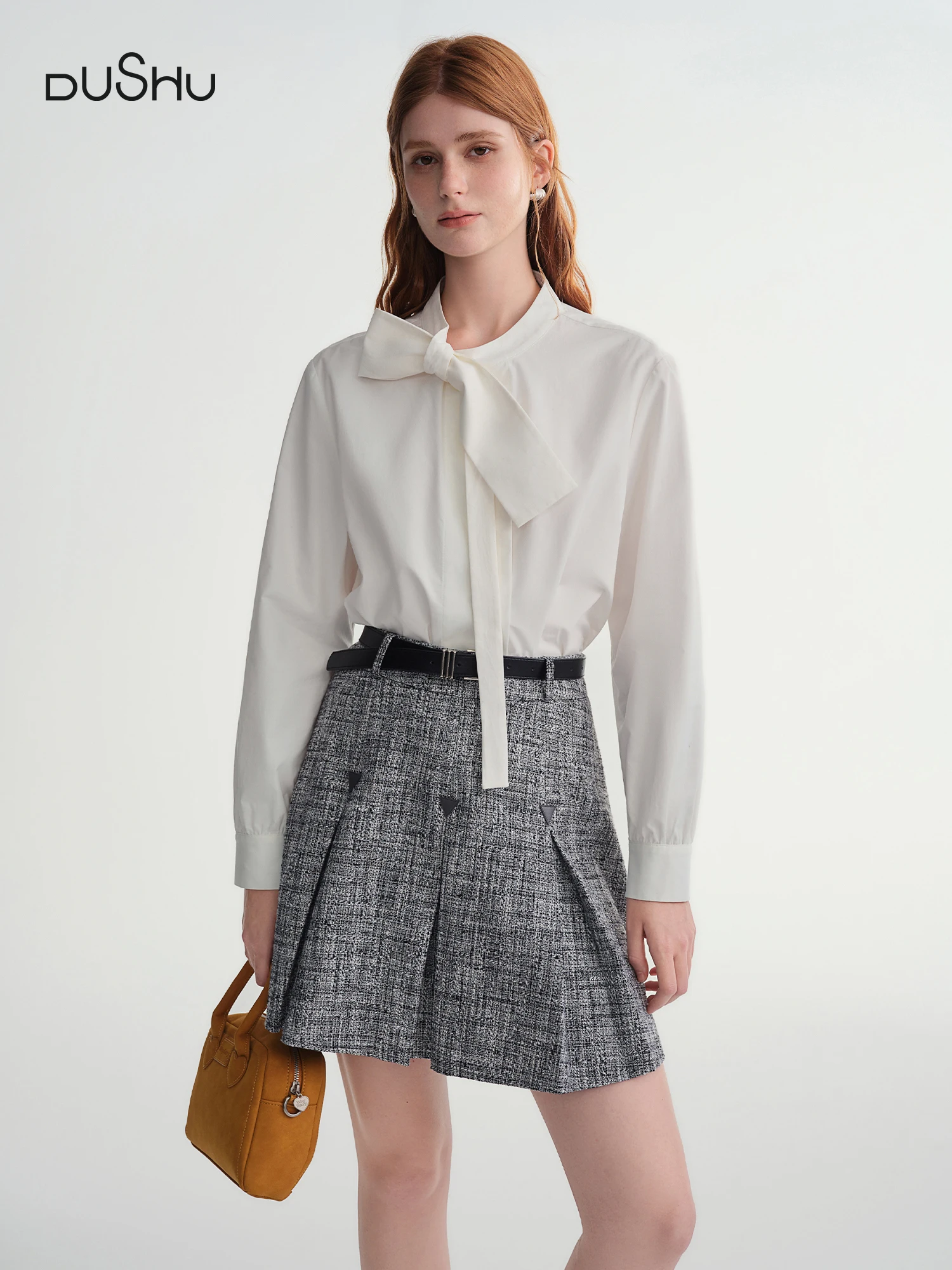 

DUSHU Plus-size Women's Clothing 【Pure White Intent】 Irregular Bow Strap Shirt Fall-Winter Casual Versatile Top Women Shirt