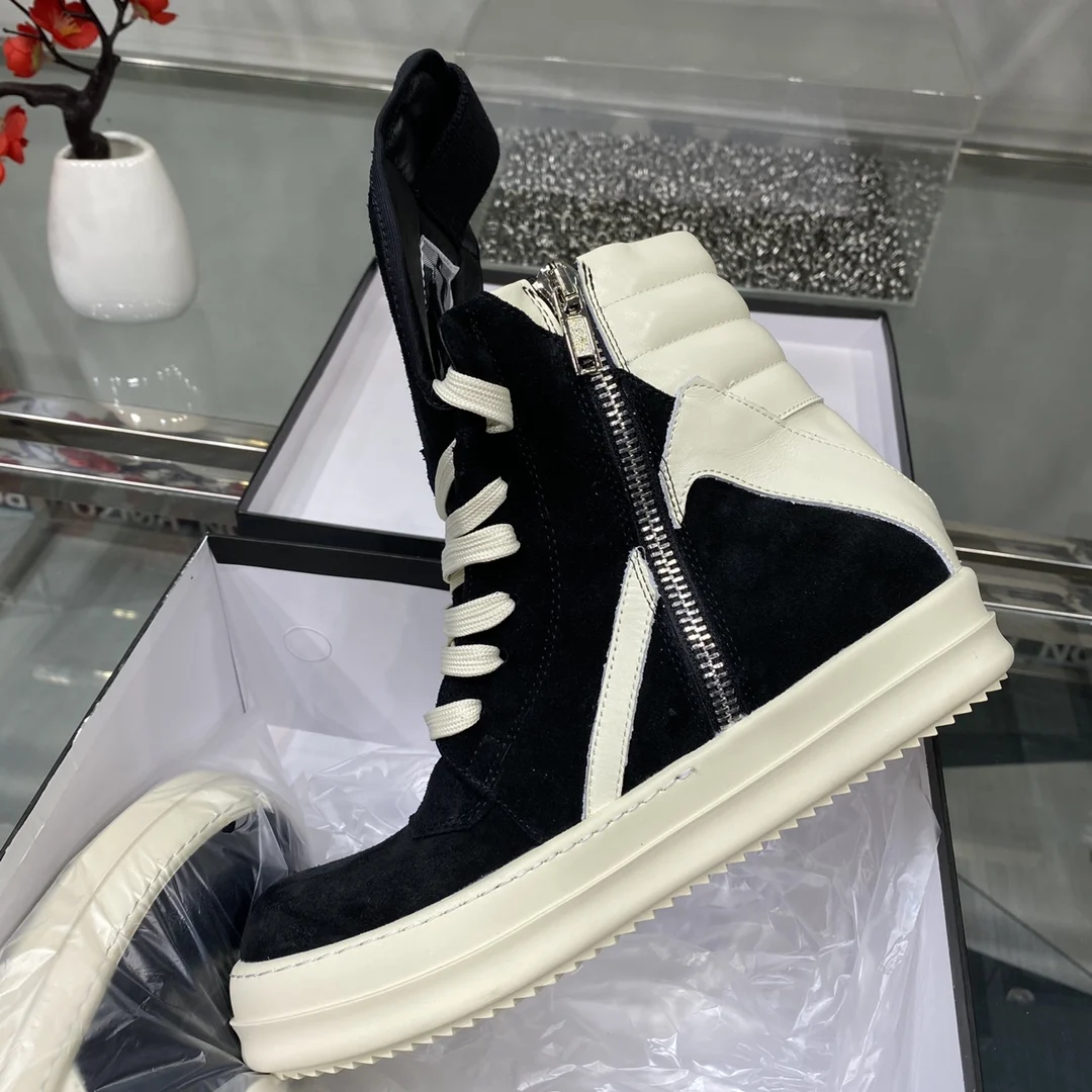 Luxury Brand Designer Owens Genuine Leather Rick Cow Suede Shoes For Men and Women Owens High Top Geobasket Sneakers Black Boots