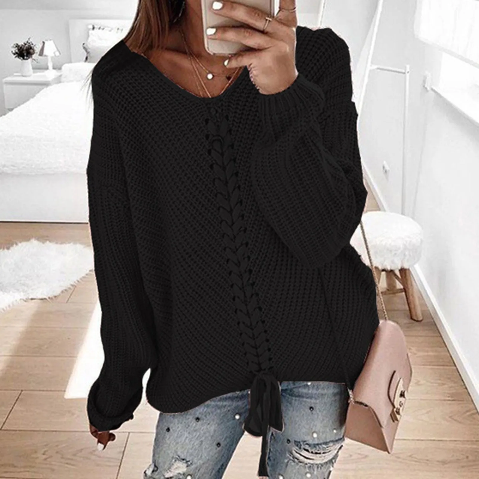 Women'S Solid Color Patchwork Fashion Sweater V-Neck Long Sleeve Drawstring Personality Trend Sweater Casual Knit Sweater