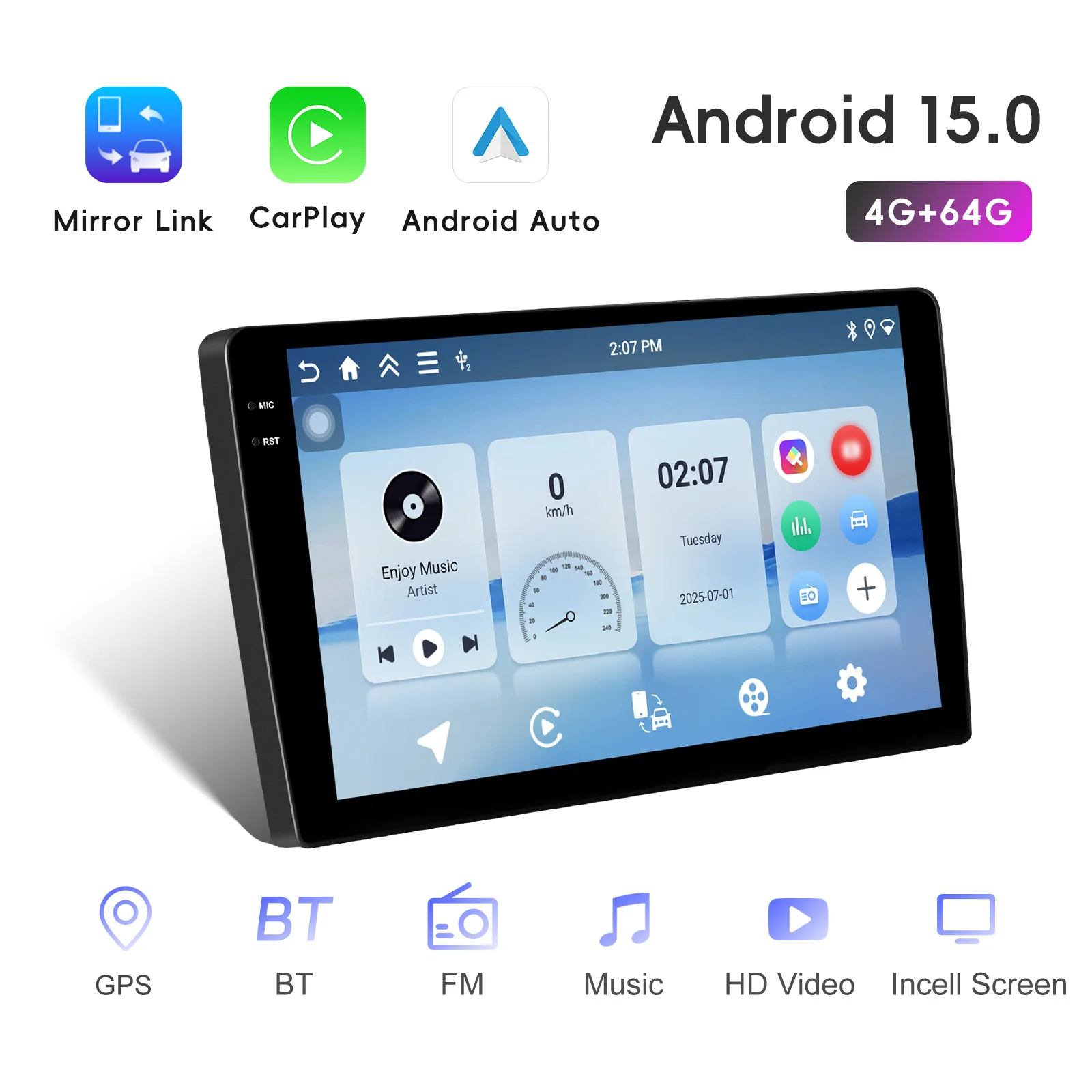 Podofo 4+64G Wireless Carplay Car Radio AI Voice DSP Android Auto WIFI Car Multimedia Player DVR GPS Navigation RDS BT Radio
