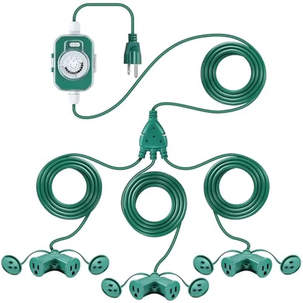 40 Ft Outdoor Extension Cord Timer Splitter Multiple Outlets Grounded Protection Waterproof Lasting Green Power Lights Fountains