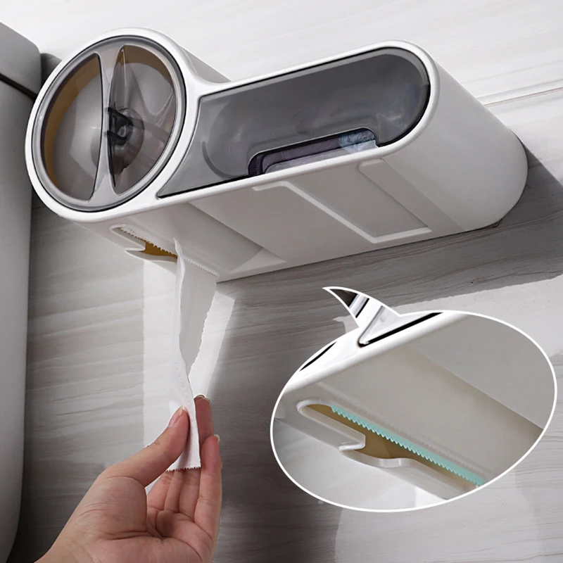 Toilet Paper Holder Multifunctional Rack Waterproof Wall-Mounted Toilet Tissue Box Roll Paper Storage Box Bathroom Accessories
