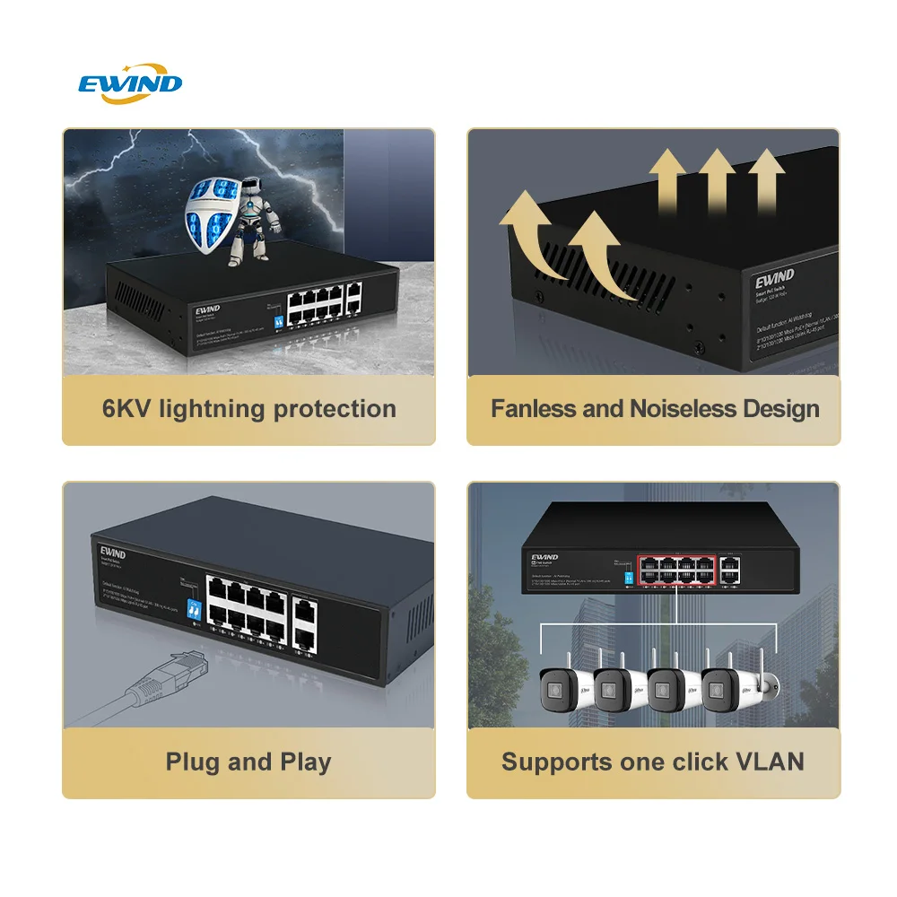 Switch POE Gigabit completo para câmera IP, switcher Ethernet de 10 portas, 1000Mbps, 8 PoE, 2 RJ45, uplinks, IEEE802.3af, a 120W