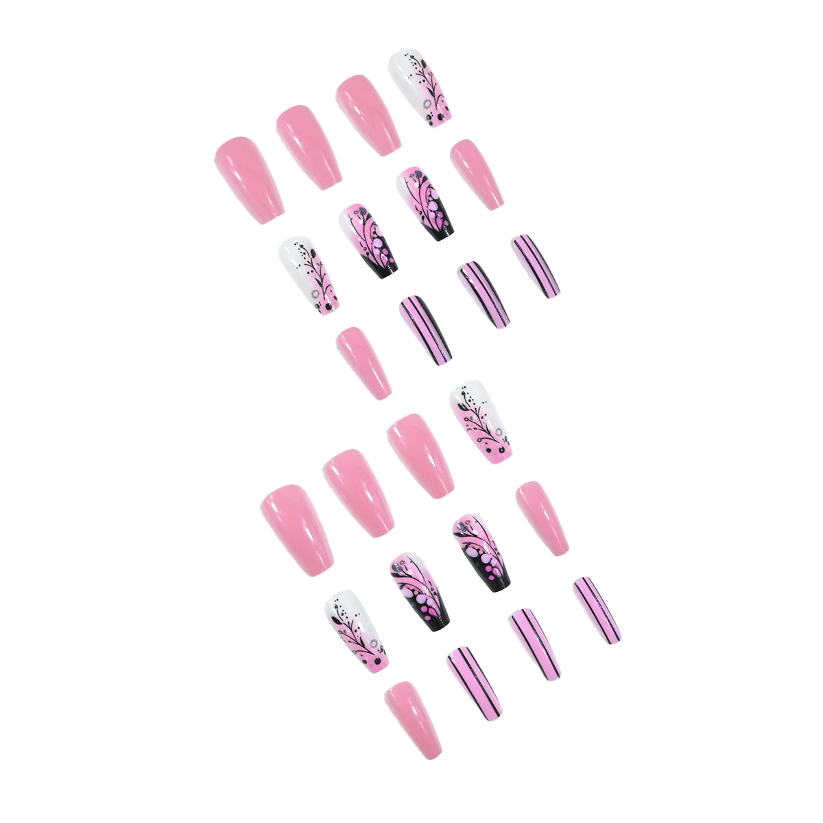 A full set of 24 long ballet fake nails designed with pink nail pieces and black and white flower patterns, including 1 jelly gl