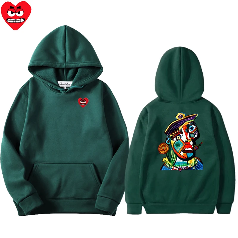 Color Oil Painting 2 Women Men Hoodie Polyester Cool Cute Snag Heart Embroidery Pullover Pockets Thin Loose Autumn Sweater