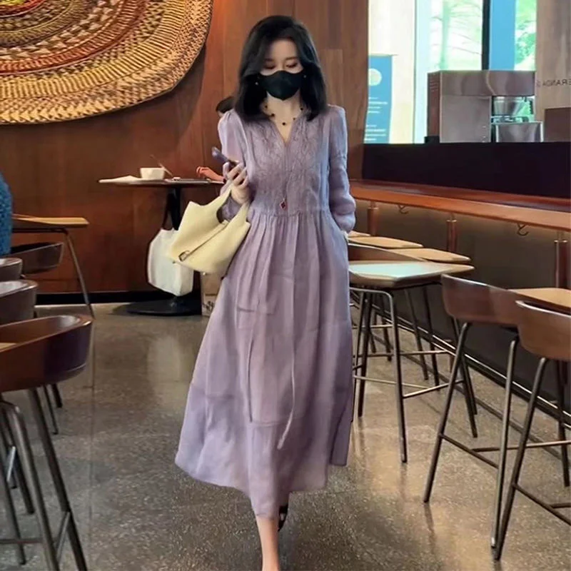 Female High End Heavy Industry Embroidered Seven Quarter Sleeve Dress  Women Summer New Waist Cinching Slimming, Mid Long Skirt