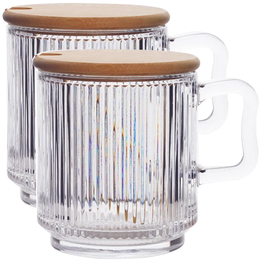

2Sets Glass Water Cup Wood Lid Design Striped Embossed Texture Transparent Milk Cup Clear Glass Mug Safe