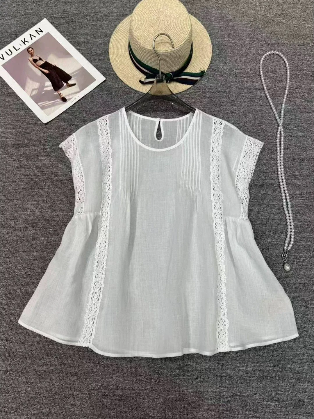 

plus Size Women's Shirt Lace Short Sleeve Doll Style Top Skin-friendly Breathable French Style Loose Fit Summer Fashion