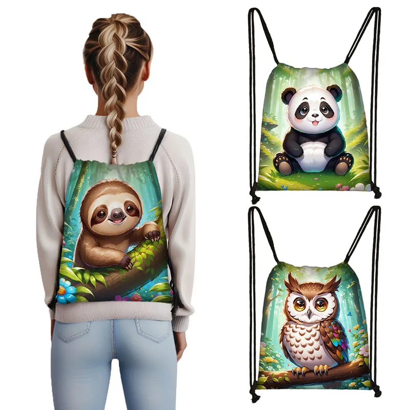 Cartoon Panda Print Backpacks Cartoon Sloth Owl Giraffe Children Drawstring Bags Shoes Holder Bookbag Backpack School Supplies