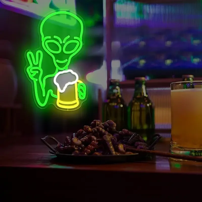 Green Alien Beer Bar Neon LED Sign Wall Decor For Man Cave Gamer Gift Home Bar Garage Kids Teen Boy Room Decor USB Dimmable Lamp