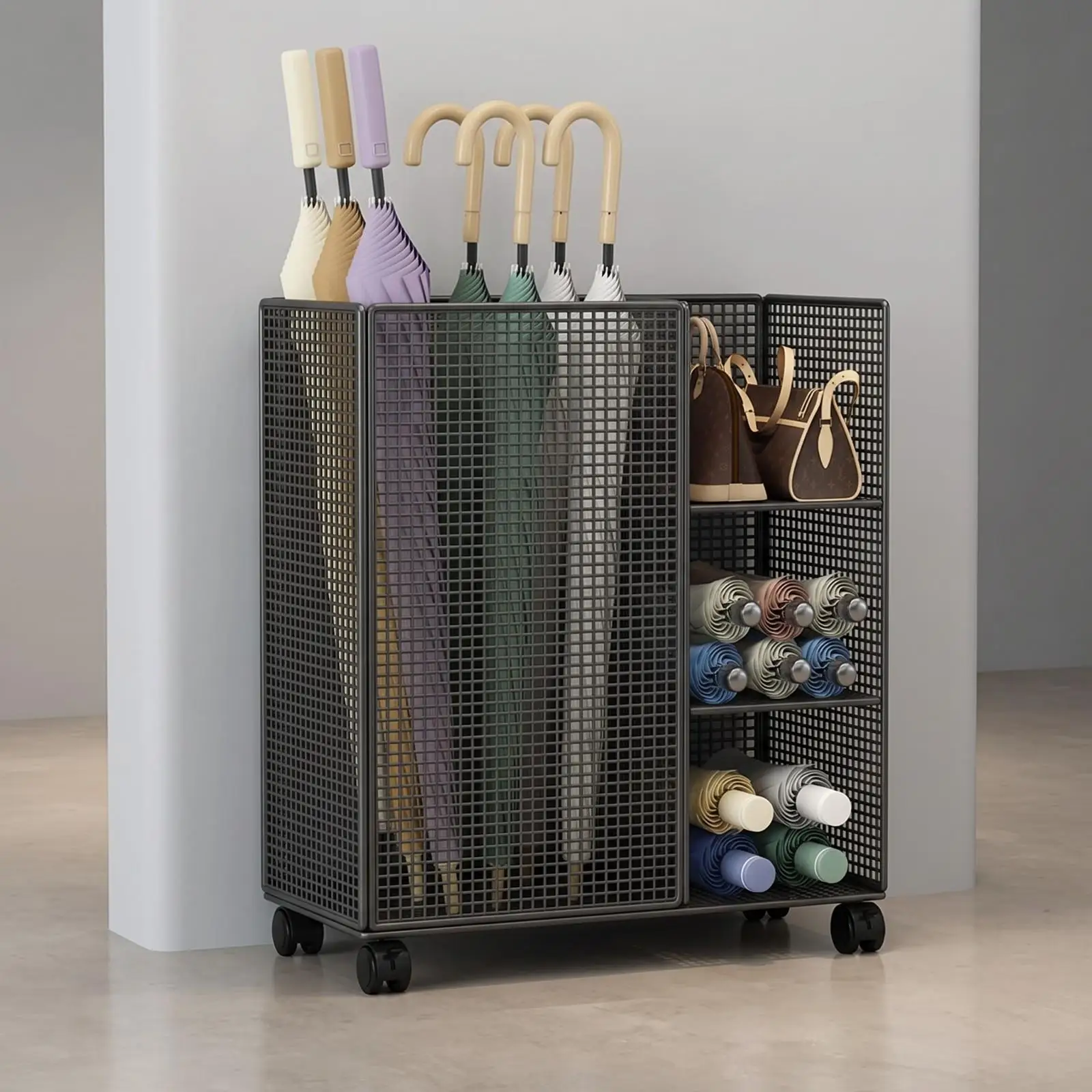 Mobile Rolling Umbrella Storage Rack | Perforated Metal Frame, Three-Tier Shelving Section, for Foyer