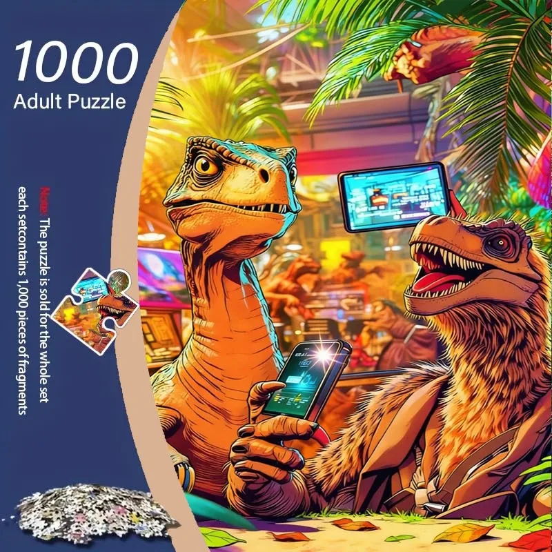 1000pcs quebra-cabeça retro-futurista Dino Gamer |   Quebra-cabeça de papelão de 27,55 × 19,69 polegadas, diversão para aliviar o estresse para adultos e família, ideal