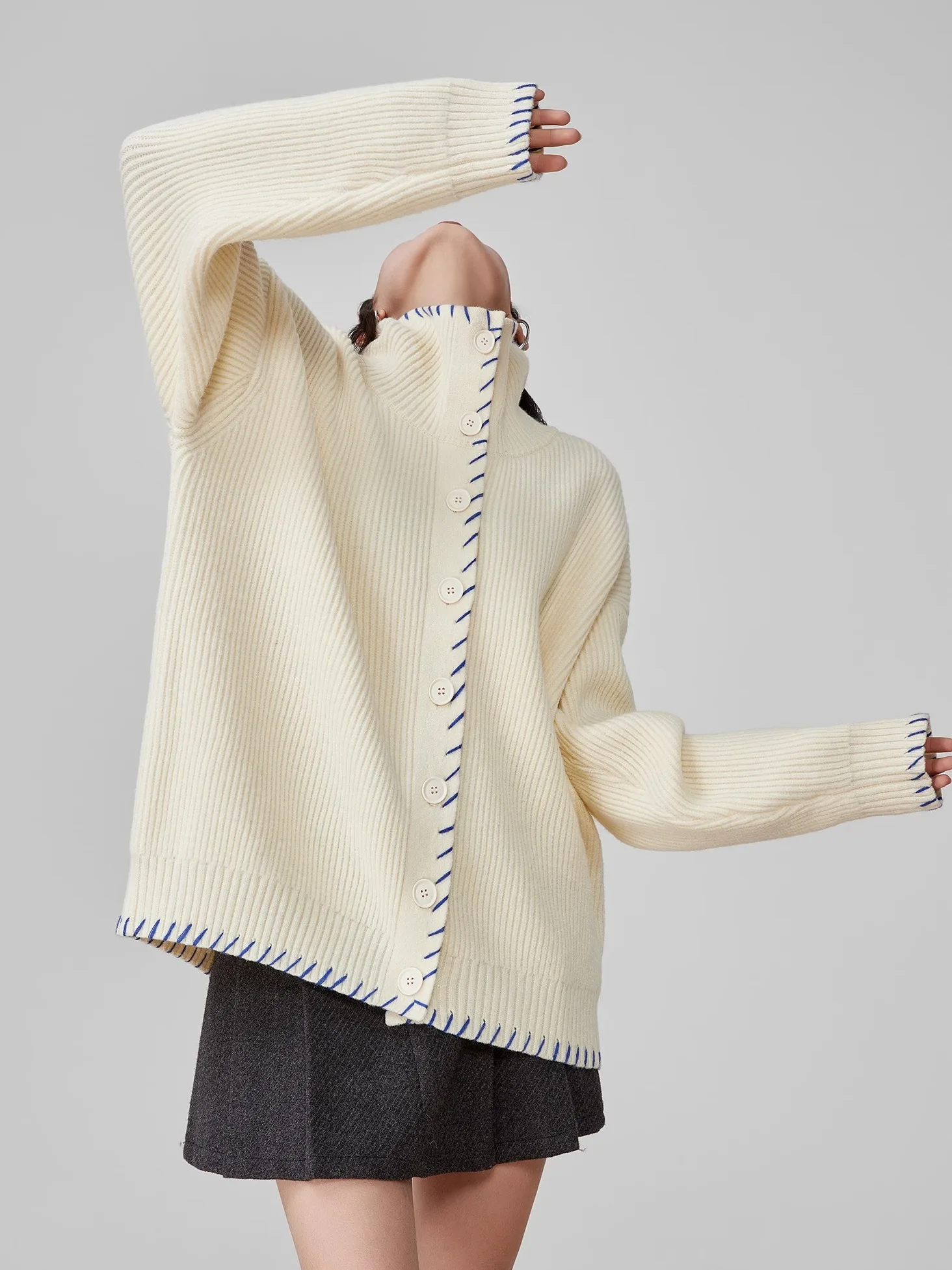 

White Hand-Embroidered Open-Knitted Cardigan Women's Soft Cozy Spring New Lazy Sle Long Sve Pure Color Polyester Fiber