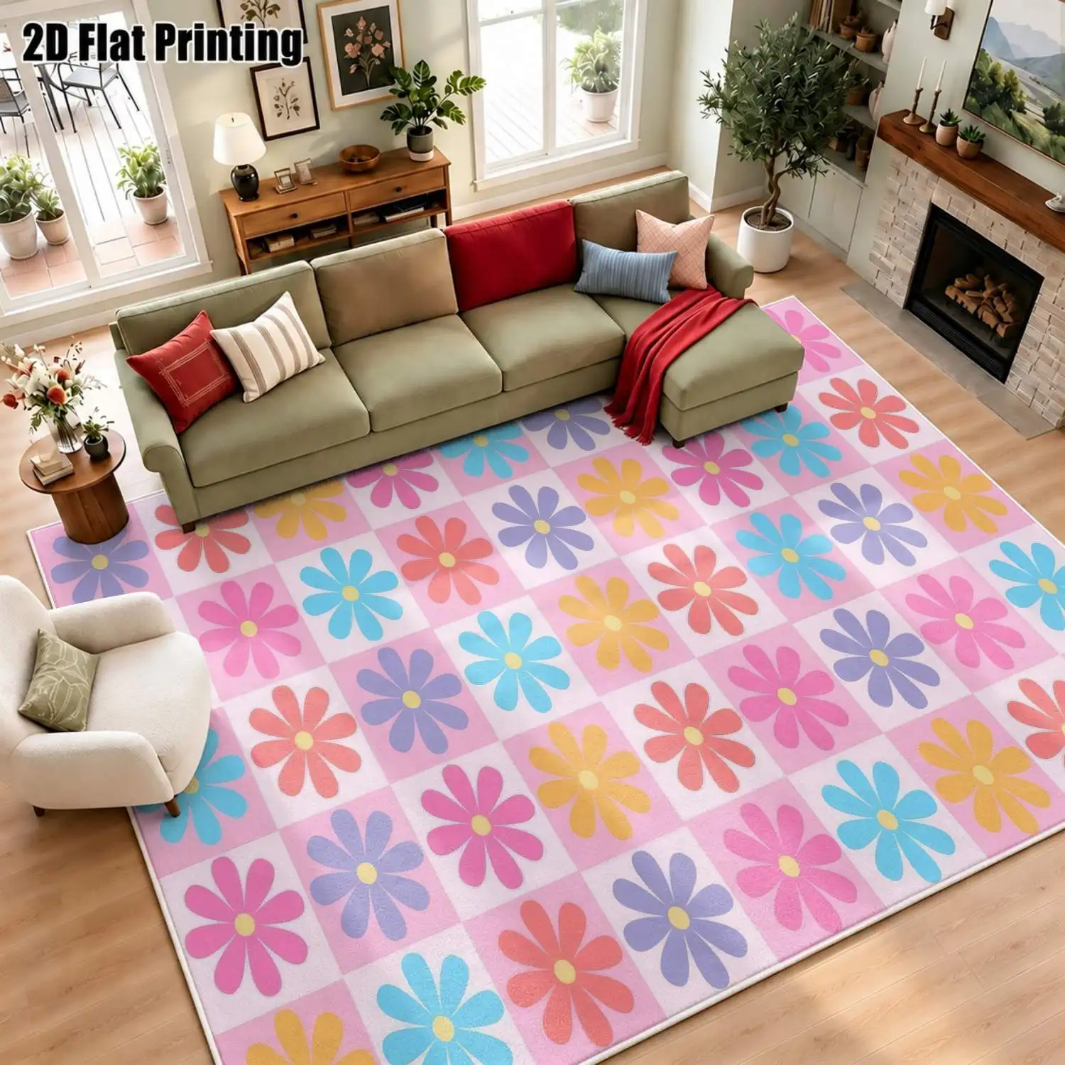 1Pc 2D Printed Velvet Carpet, Colorful Flower Patterns Nordic/Instagram/Modern Minimalist/European/Vintage Style, Home Decor, Multi-Size, Machine Washable, for Entrance, Dining, Foyer, Bedroom, Living Room.