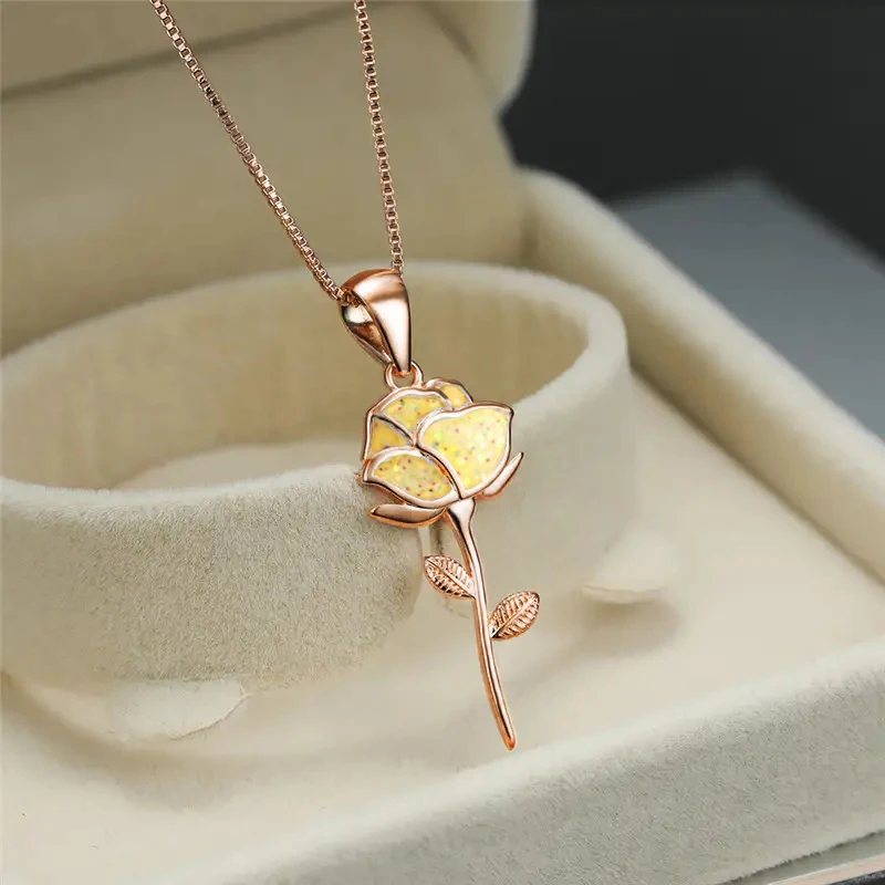 Huitan Yellow Rose Flower Design Rose Gold Color Pendant Necklace for Lady Wedding Engagement Party Romantic Accessories Jewelry - view 4