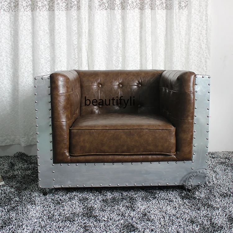 

European and American coffee bar store single creative leather retro industrial wind rivet aluminum leather sofa combination