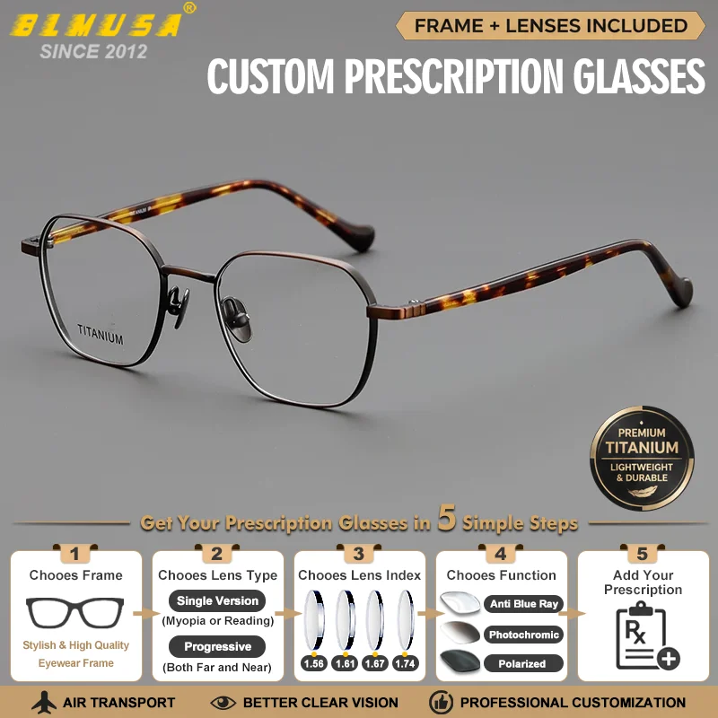 BLMUSA Titanium Rectangle Frame Photochromic Progressive Eyeware Men Retro Minimalist Anti Blue Ray Reading Prescription Glasses