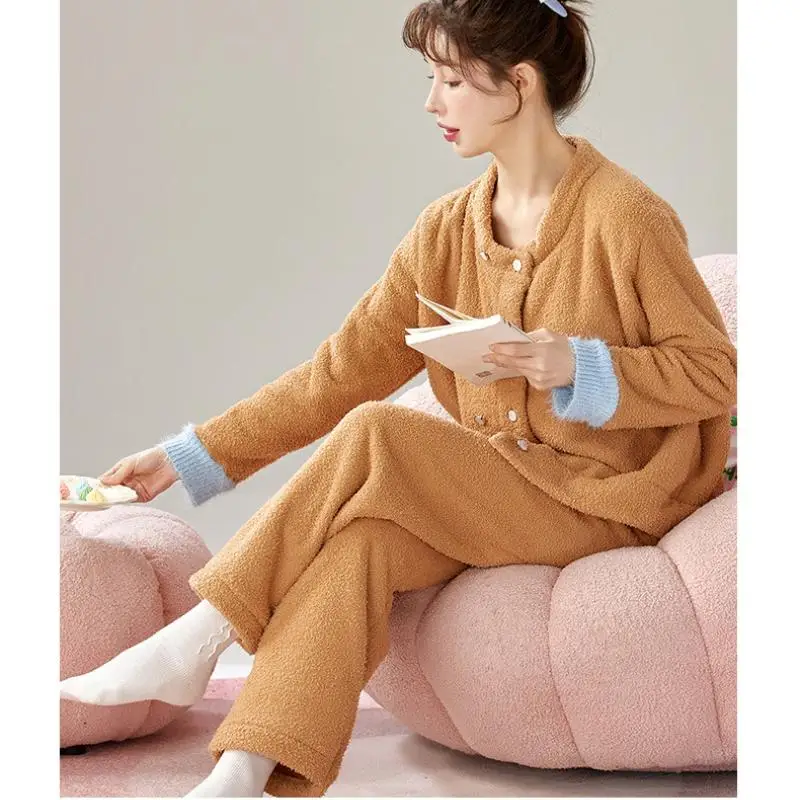 Осенне-зимние женские пижамы с полуворсом на флисовой подкладке, удобная одежда для сна, коралловый флис, сохраняющая тепло, пижамный костюм, домашняя одежда