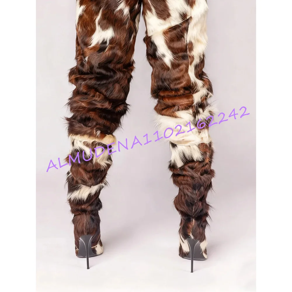 Women Horse Hair Over The Knee Boots Pointed Toe Thin Stiletto Heel Ruched Slouch Tall Western Club Party Thigh High Boots Size
