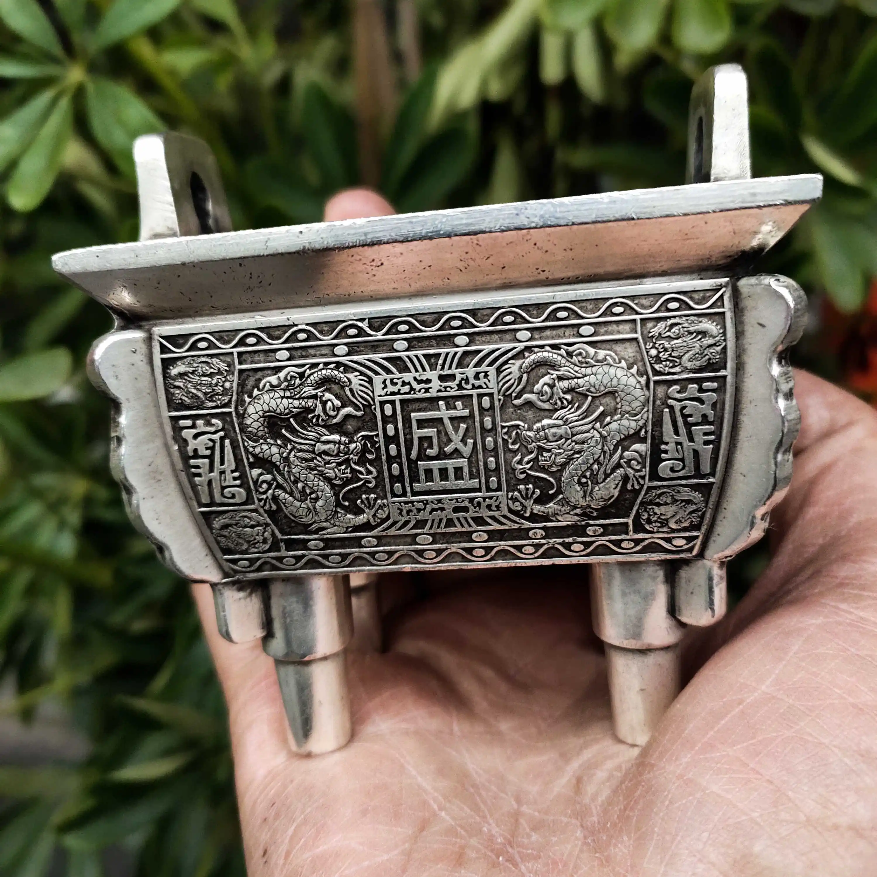 Silver Plated Sheng Ding Stove, Four Square Ding Line Incense Stove for Buddha Household Incense Insertion Dragon Ding