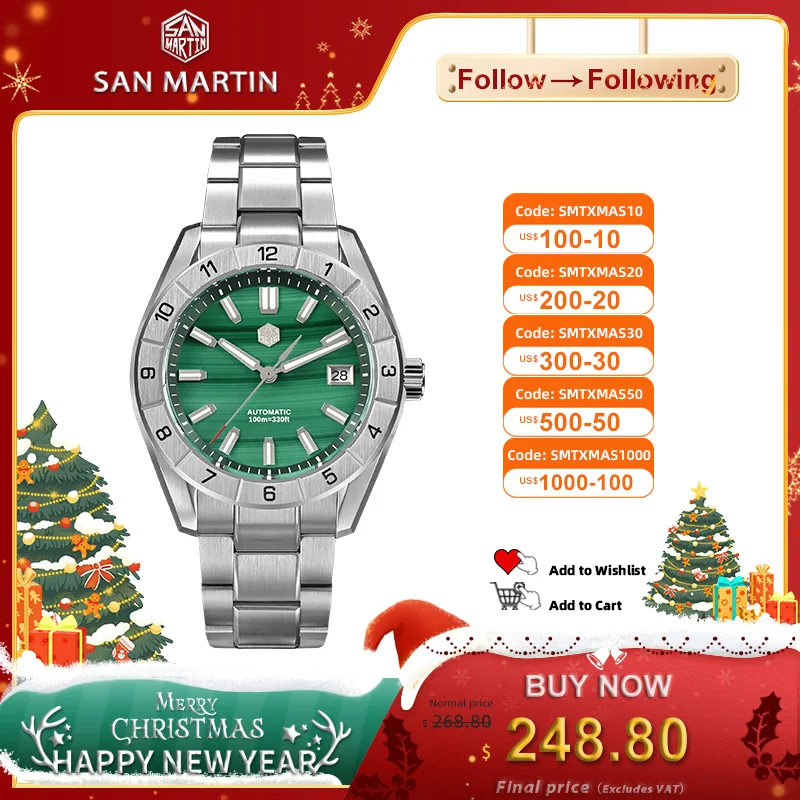 

San Martin 42mm Luxury Men Watch Green Malachite Dial Stainless Steel Mechanical wristwatch Sapphire Waterproof 10Bar SN0130G-B