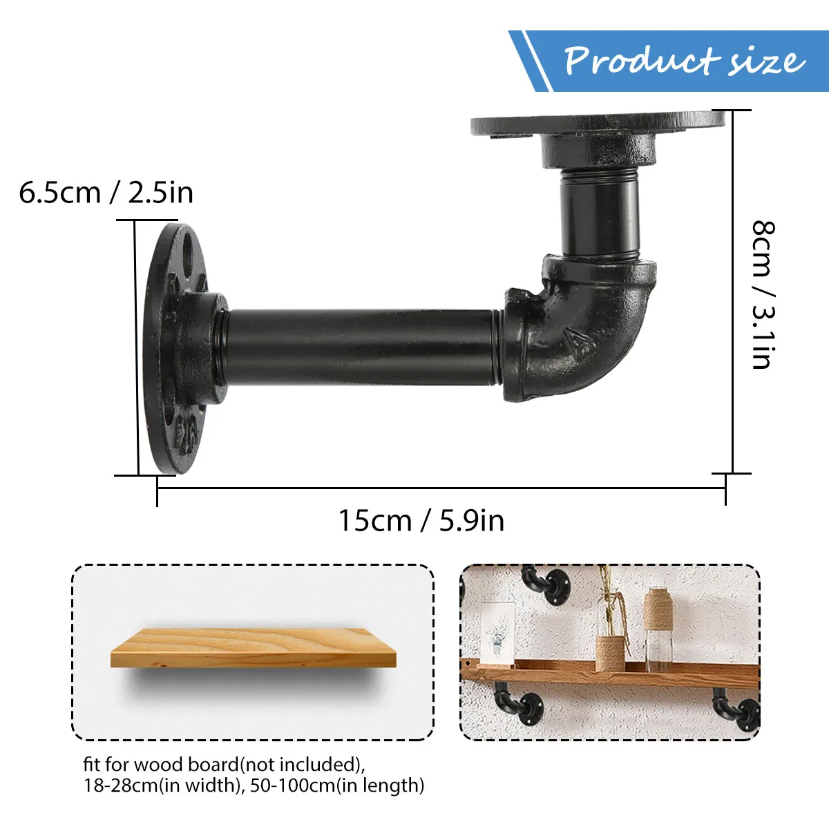 Vintage Retro Iron Industrial Pipe Shelf Bracket Holder Rack L Bracket Wall Floating Shelf Black 2Pcs Home Decor Storage Holders