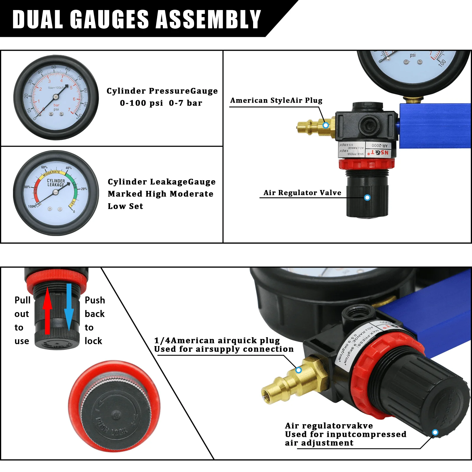Zylinder-Leckage-Tester-Kit, Kompressionstester für Benzinmotoren, Dual-Manometer, Motorkompressions-Leckdown-Detektor für G