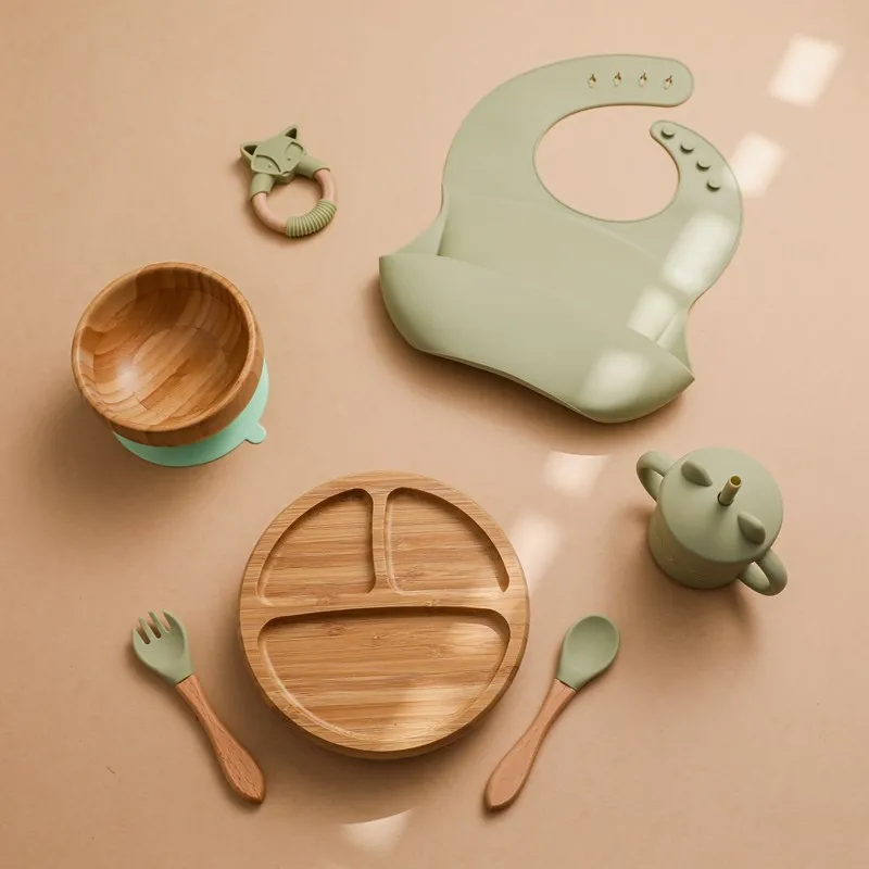 

Silicone Baby Feeding Set Baby Feeding Supplies Kids Bamboo Dinnerware With Cup Children's Dishes Bowl Stuff Tableware Gift Set