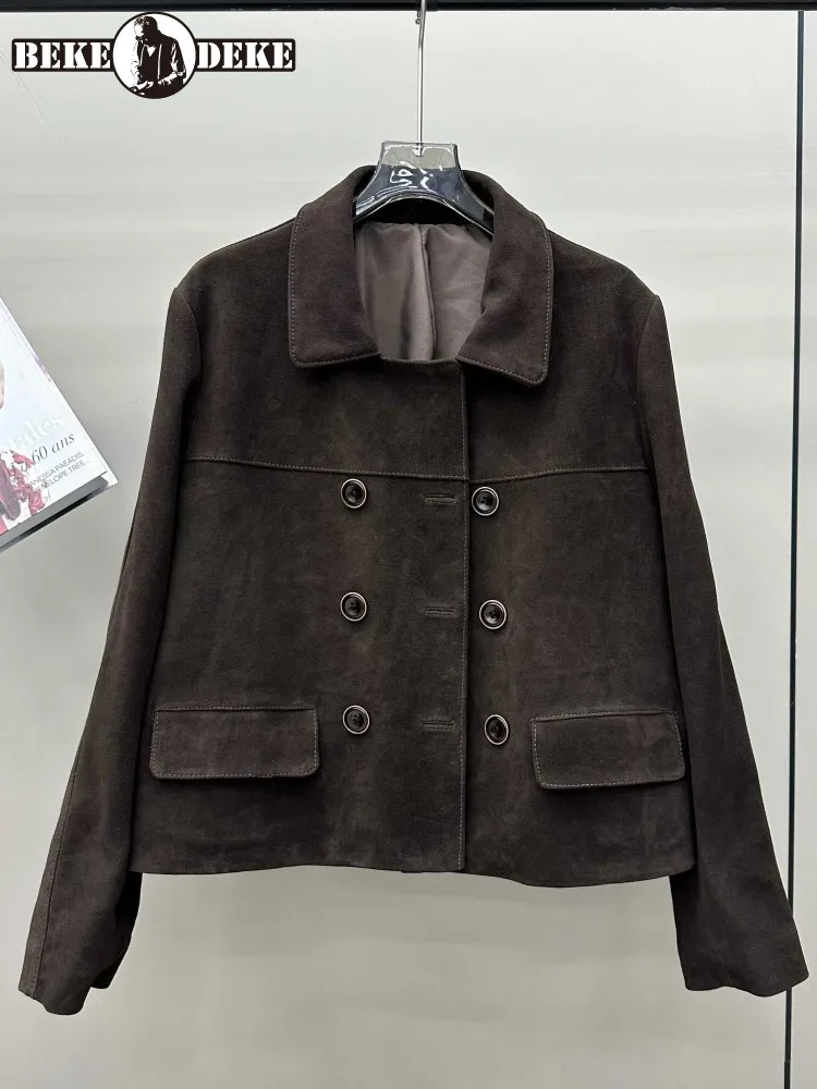 Autumn Women Suede Sheepskin Jacket Double Breasted Vintage Square Collar Design Genuine Leather Short Coat Long Sleeve Outwear
