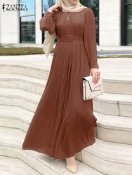 ZANZEA Fashion Long Sleeve Party Sundress Elegant Women Muslim Dress Abaya Solid Pleated Vestidos Belted Robe IsIamic Clothing