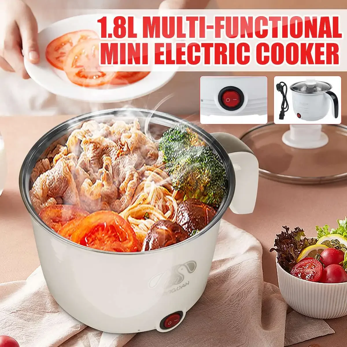 1.8L Electric Rice Cooker with Non-stick Pan & Low Power 300W - Multi-functional Mini Cooker