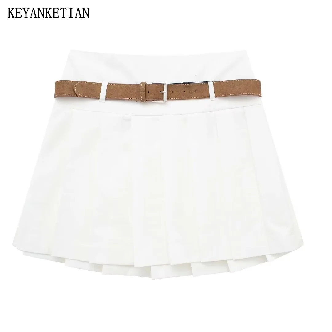 

KEYANKETIAN 2024 New Launch Women's With Belt High-Waisted Pleated Skirt Preppy Style Y2K Side Zipper Slim Mini Skirt White