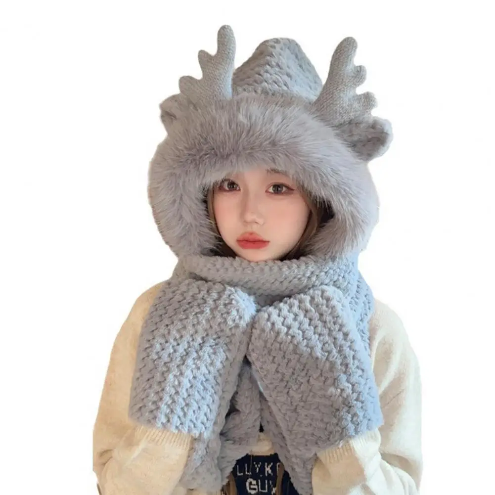 

Winter Scarf Hat Sets for Women Cute Antler Decor Furry Fur Bonnet Plush Thicken Windproof Beanies Neck Warmer Scarves Two-Piece