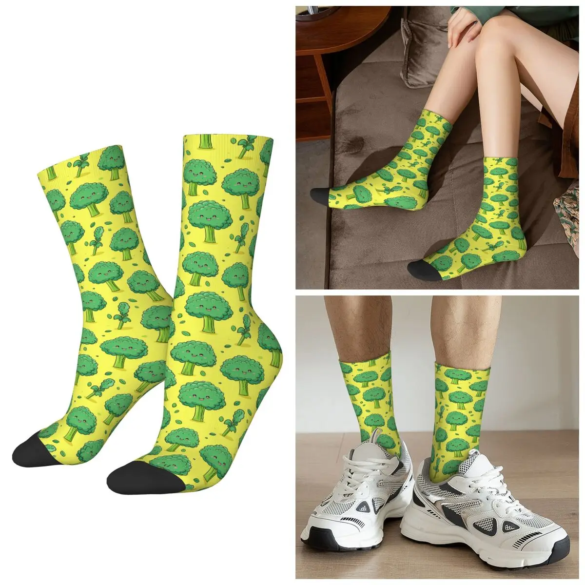 All Seasons Green Cartoon Broccoli Element Socks Harajuku Crew Socks Super Soft Stockings for Men Women Valentine's Day Gifts