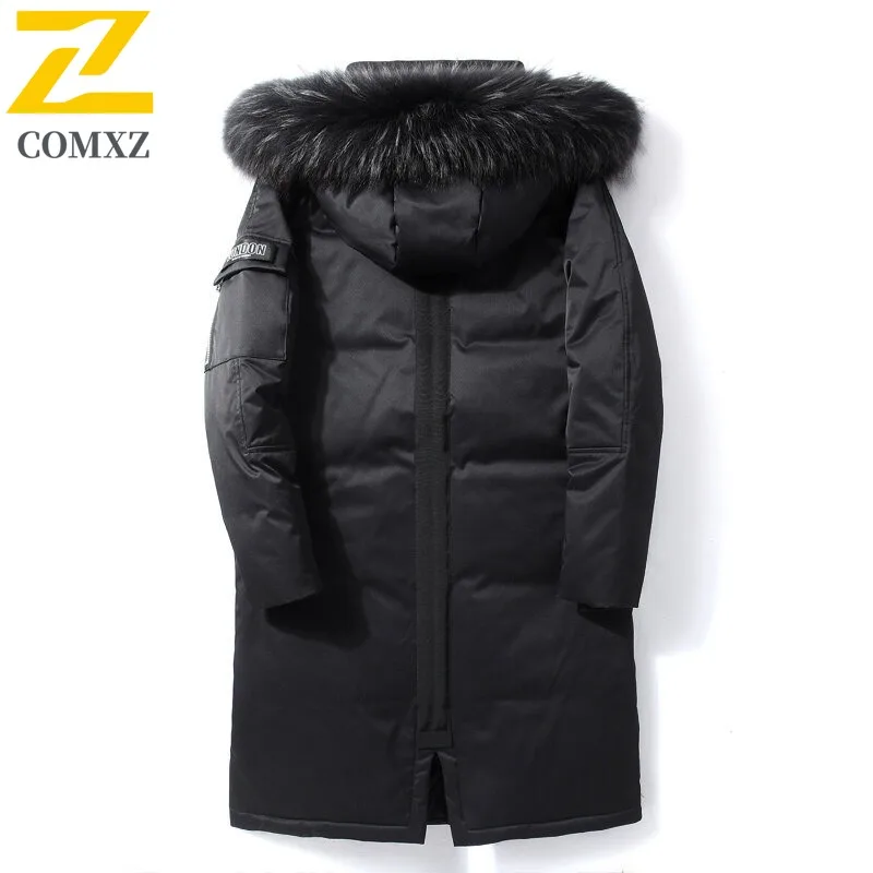 COMXZ Piumino invernale da uomo alla moda leggero caldo soffice collo di pelliccia con cappuccio piumino d'anatra bianco piumino lungo da sci da neve